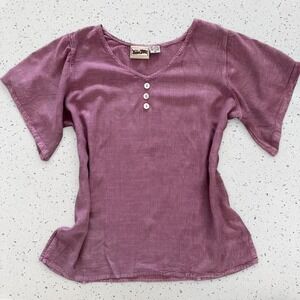 Yak & Yeti Mauve Linen Cotton Blend V-Neck Boho Blouse Short Sleeve Womens M